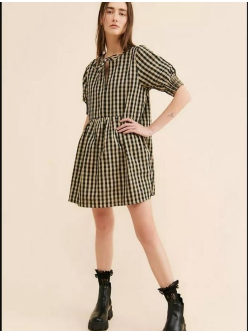 Free People Afternoon The Polly Gingham Plaid Puff Sleeve Mini Dress Gingham